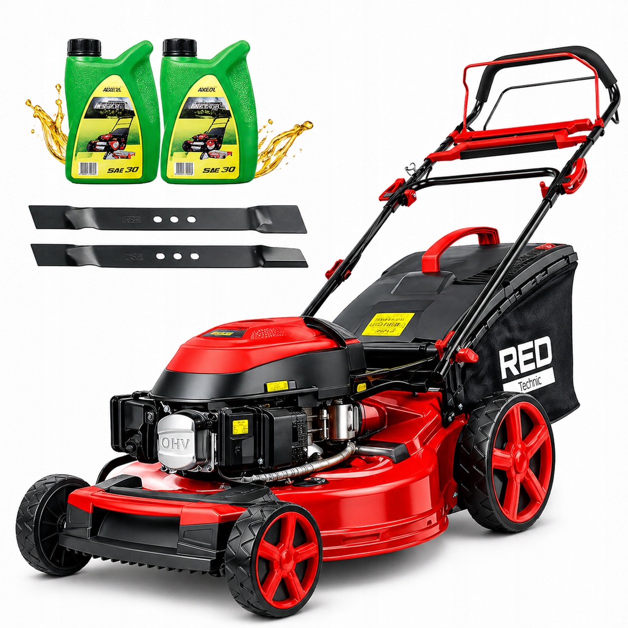 Benzínová kosačka na trávu RED TECHNIC 7 HP, 51 cm, s košom s objemom 60 l a pohonom kolies